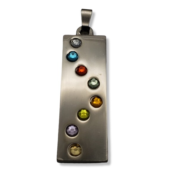 Silver Tone Rectangular Bar Multi Color Rhinestone Pendant - Picture 4 of 8